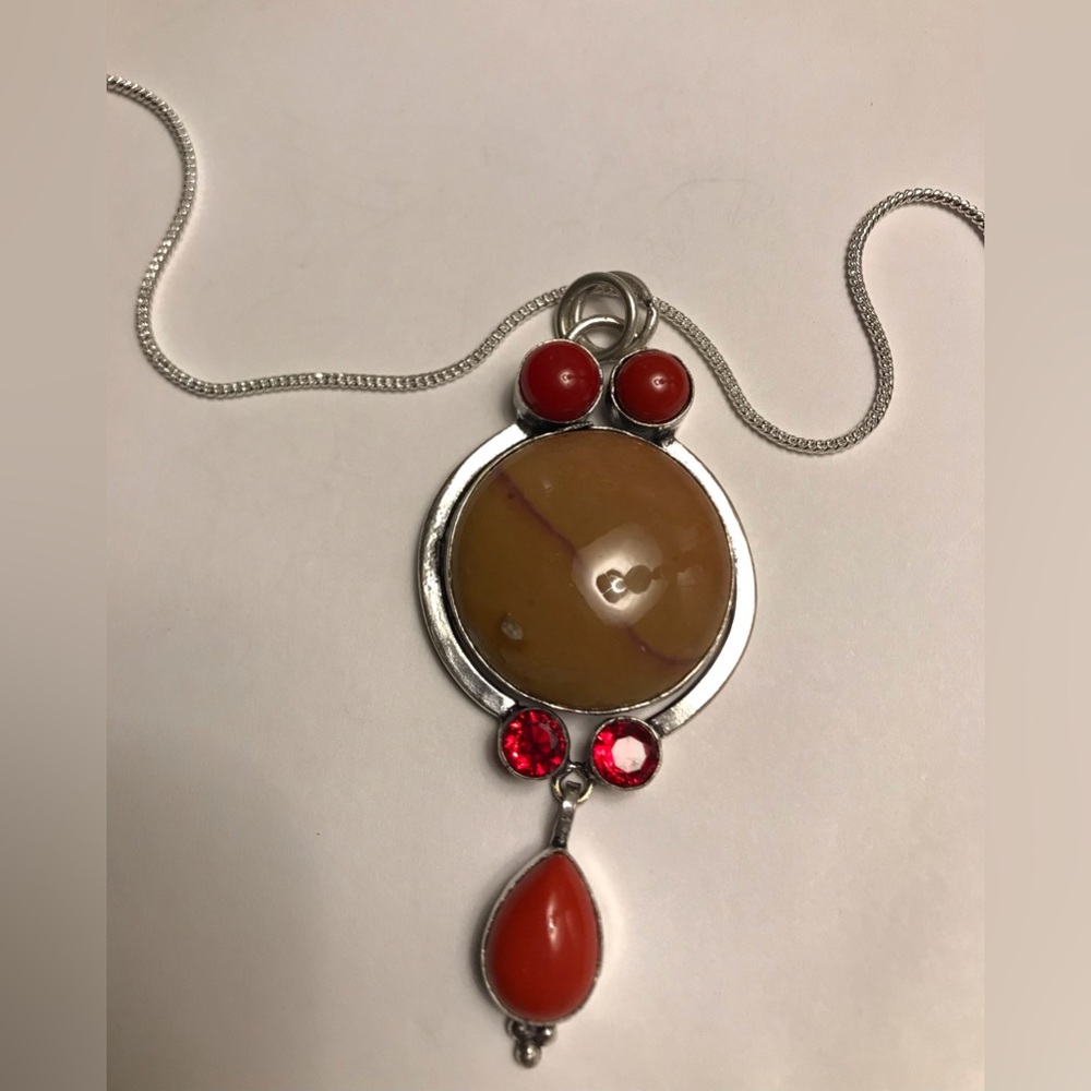 Red Coral Mookaite Jasper Stamped 925 Sterling Silver Necklace
